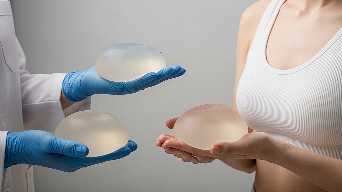 Breast implants being examined by a patient.