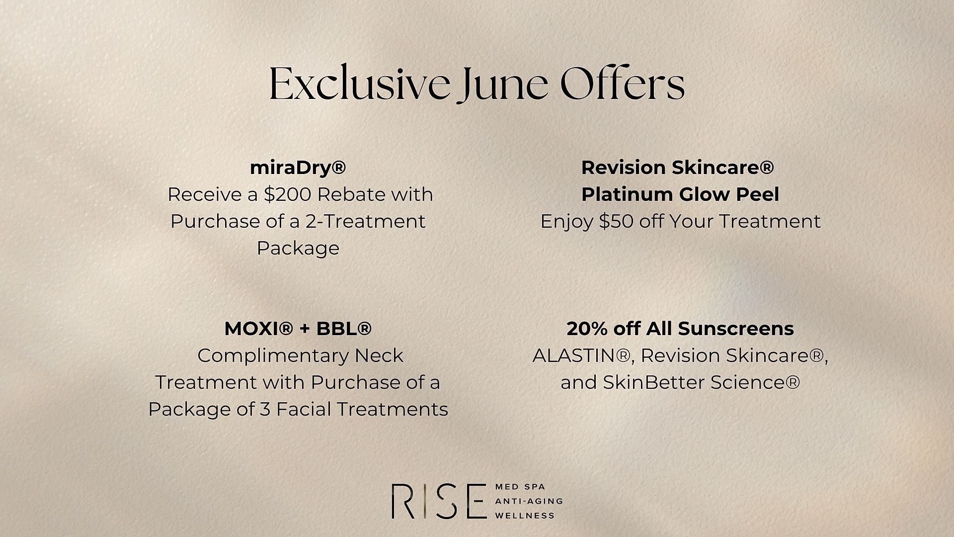 June skincare offers and discounts at Rise Med Spa.