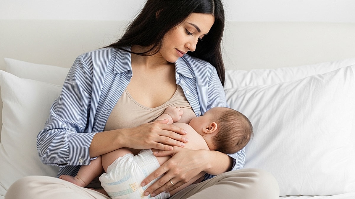 Breastfeeding With Implants in Houston Featured Image - Mother breastfeeding her baby on a bed.
