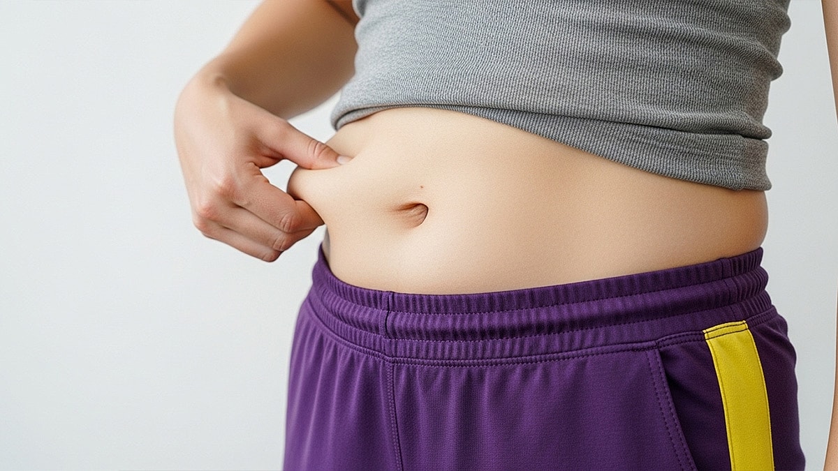 Different Types of Belly Fat and How to Get Rid of It - Woman pinching her stomach in Purple shorts.