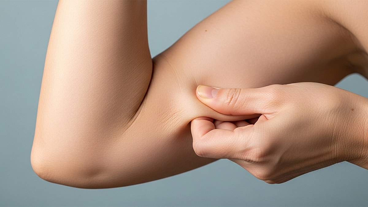 Do I Need an Arm Lift or Arm Lipo Blog Featured Image - Person pinching skin on their arm