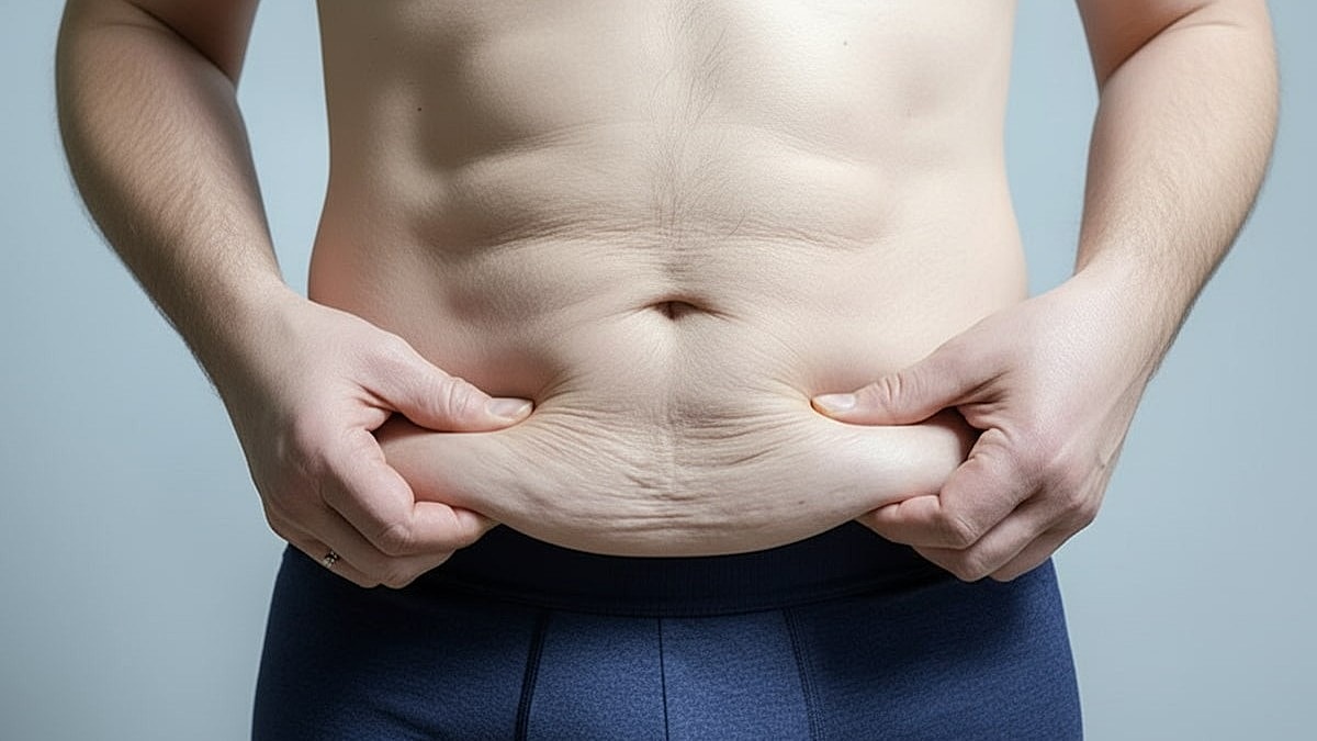 Excess Skin After Massive Weight Loss Image by Dr Ravi - Person holding stomach skin in front of gray background