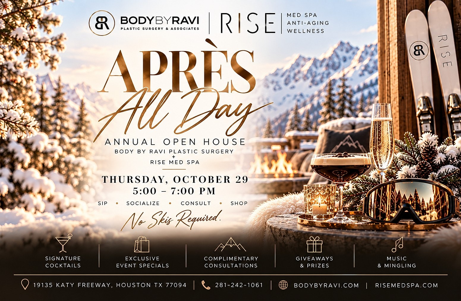 Open house event with cocktails and wellness offerings.