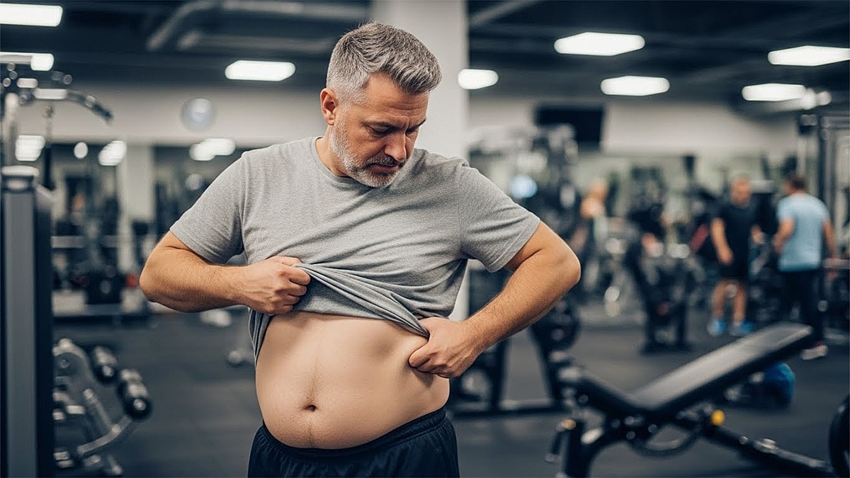 Man inspecting his stomach at the gym.