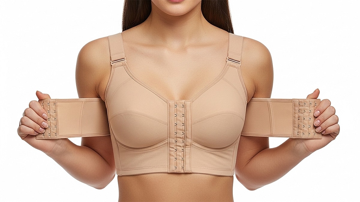 Beige adjustable bra with front closure.
