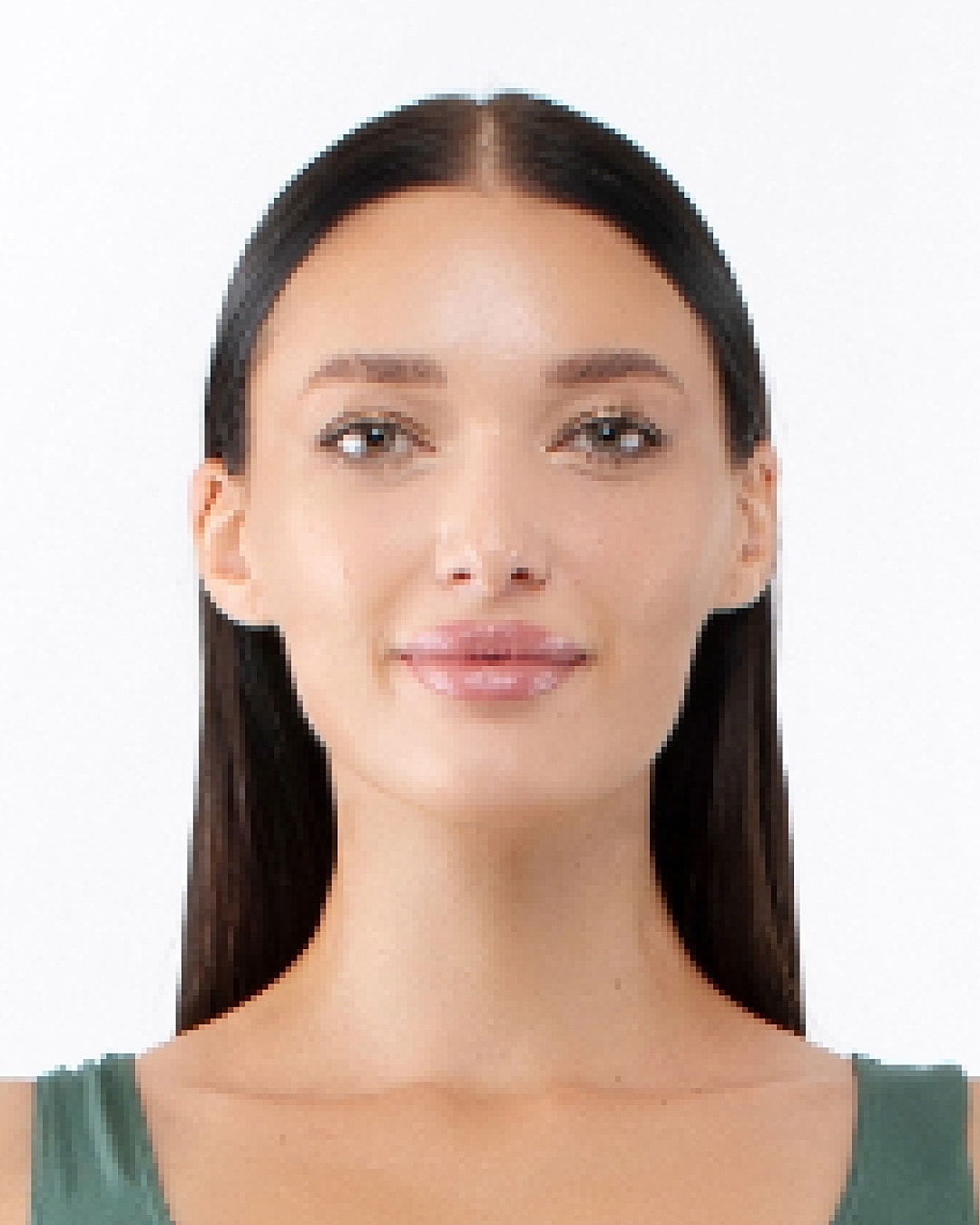 Smiling woman with long hair on white background