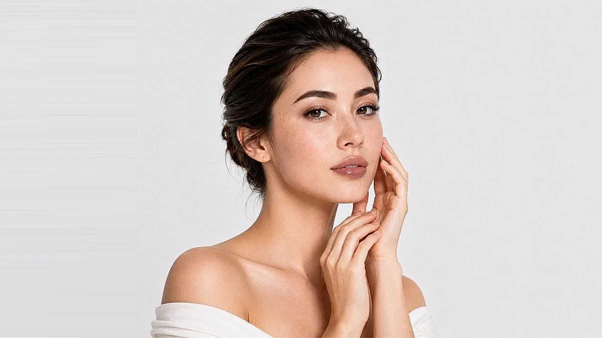 Woman gently touching her face, natural beauty.