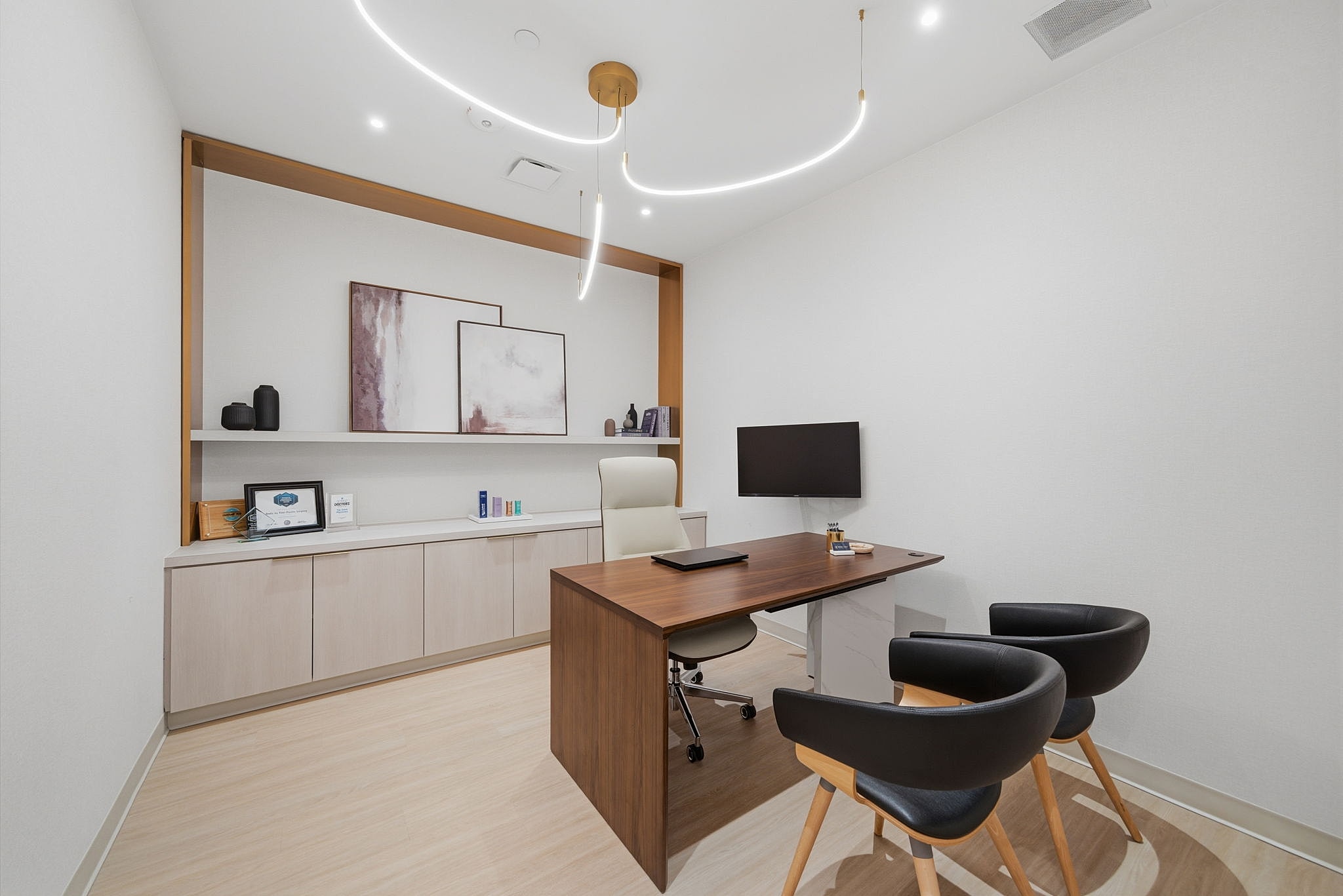 Modern office interior with minimalist design elements.