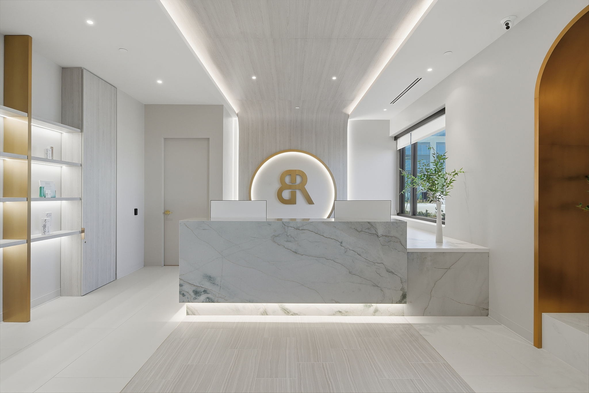 New modern building with landscaping and parking.