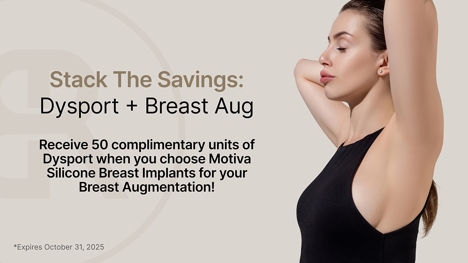 Promotional offer for Dysport and breast augmentation.