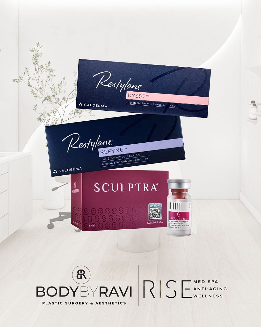 Restylane and Sculptra products displayed in med spa.
