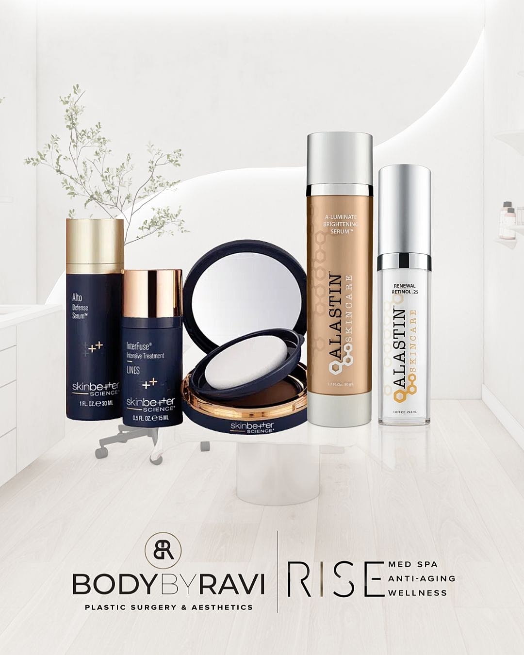 Skincare products featuring Body By Ravi branding.